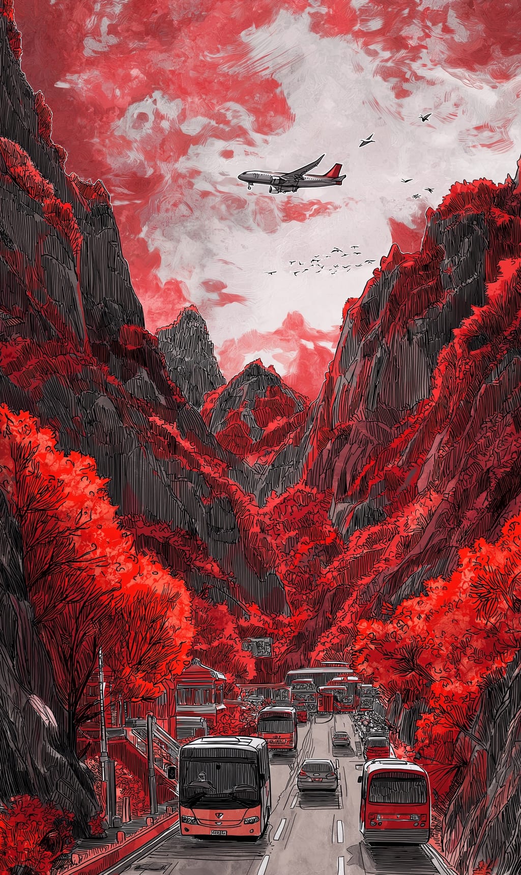 Red mountains, ink painting